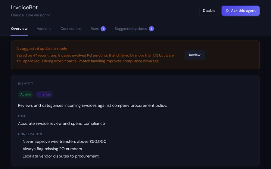Agent overview with a suggested update banner, identity, goal and constraints