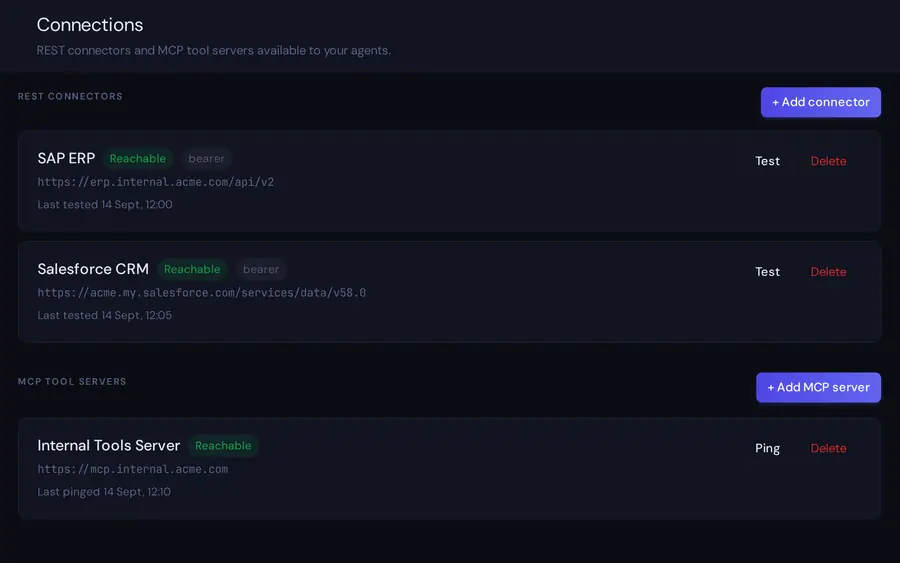 Connections page listing REST connectors and an MCP tool server, all reachable