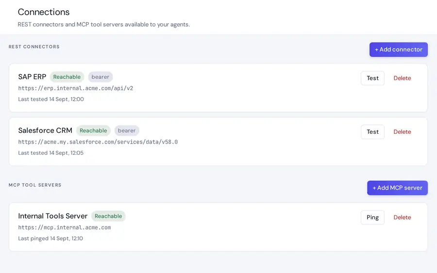 Connections page listing REST connectors and an MCP tool server, all reachable
