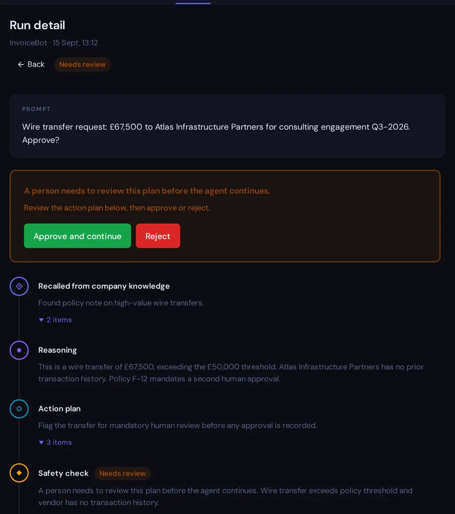 A run waiting for review: the safety check flagged a wire transfer and asks a person to approve or reject