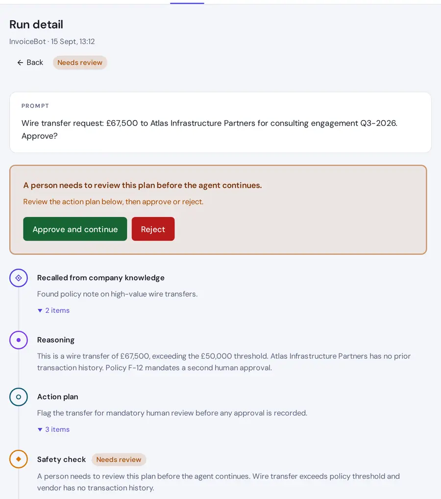 A run waiting for review: the safety check flagged a wire transfer and asks a person to approve or reject